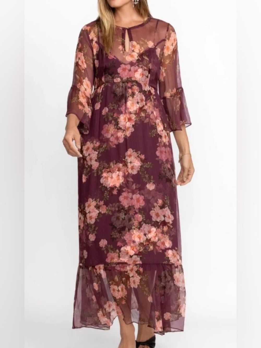Johnny Was Winonna Silk Floral Sheer Maxi Dress Plum - Picture 5 of 10
